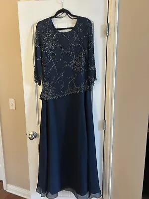 EUC Mother Of The Bride Navy Silk 100% Polyester Beaded Gown/dress/Jkara/sz. 14 • $74.99