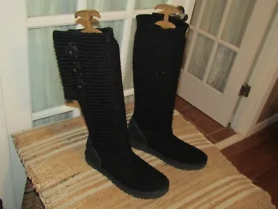 Ugg Australia Black Classic Cardy Knit Button Knee High Boots Size 8 Sty 5819 • $35.16