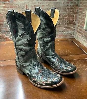 Men Cowboy Boots Size 12 D CORRAL Vintage Pre-owned - Black Grey & Red - Square • $75