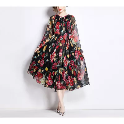 Spring Women Retro Floral Printed Chiffon Dress V-neck Long Sleeves Swing Skirt • $49.49