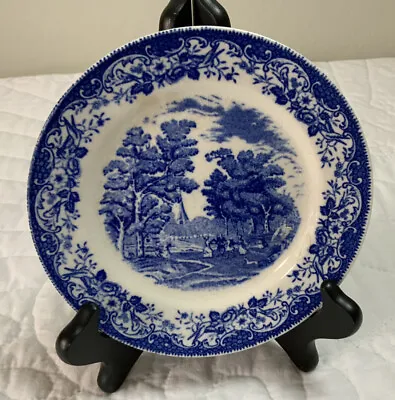 Vintage Antique Blue Transferware Dessert Plate Flowers Trees Park Scene • $9.25