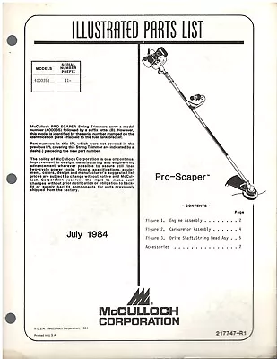 McCulloch Pro-Scaper String Trimmer Illustrated Parts List Exploded View 1984 • $5.95