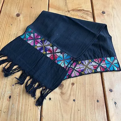 Maya Mexican Chiapas Black Rectangle Embroidered Table Runner Long Scarf 10x50in • $18