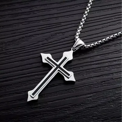 £3.99 • Buy Silver Stainless Steel Black Cross Pendant Mens Women Chain Necklace Crucifix UK