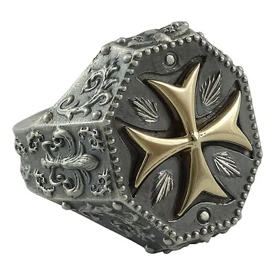 Knights Templar Maltese Cross Gold 10K And Silver 925 Men's Ring Biker • $205