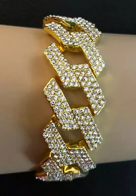 Gold Miami Cuban Link Chain Bracelet Iced Crystal Pave Gold Plated 16mm 8  #1166 • $9.99