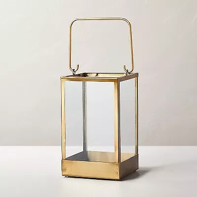 Small 10  Square Metal & Glass Pillar Candle Lantern Brass - Hearth & Hand With • $15.99