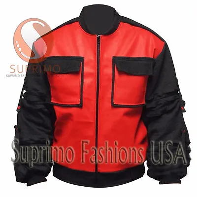 Back To The Future Marty McFly Bomber Leather Jacket With Black Cotton Sleeves  • $119.99