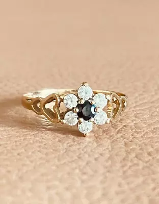 £90 • Buy Vintage 9ct Gold Sapphire Simulated Diamond CZ Flower Heart Shoulders Ring