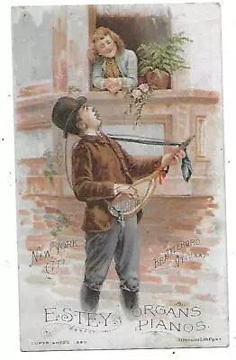 Estey Organ Co Trade Card 1890s Brattleboro Vt Boy & Tennis Racket Guitar Sings • $2.99