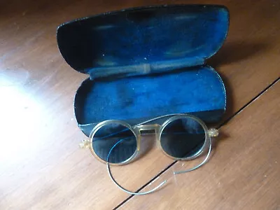 VTG Sunglasses NOT Rx. Blue Lenses Gold Arms Orig. Case John Lennon Boho • $9.99