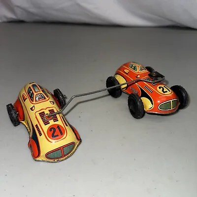 VTG 1950s PHILIPP NIEDERMEIER TIN WIND-UP TOY TANDEM RACE CARS #21 GERMAN RARE • $64.12