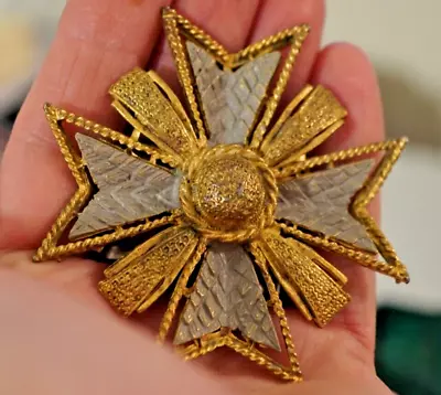 Vintage Gold Tone Maltese Cross Grey Large Brooch Pin • $19.99