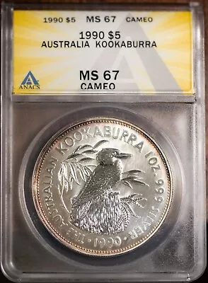 1990 $5 Silver Australian Kookaburra MS 67 Cameo ANACS # 7465131 + Bonus • $199.95