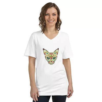 Sugar Skull Cat Womens V-Neck T-Shirt • $29.50