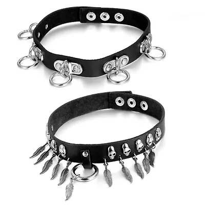 Men Women Skull Feather Spike Rivet PU Leather Choker Necklace O-Ring Collar • $9.99