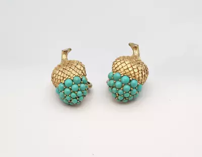 Vtg Crown Trifari Acorn Clip On Earrings Brushed Gold Tone  Celluloid Turquoise • $67