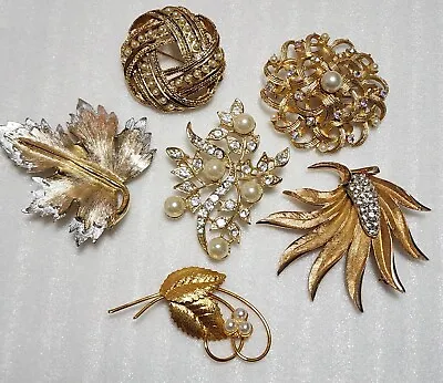 Vintage Now Gold Tone Brooch Lot-6 Sarah Coventry Faux Pearl Leaf Wreath B-133 • $25