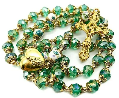 Catholic Green Crystals Beads Gold Rosary Necklace Miraculous Medal • $19.43