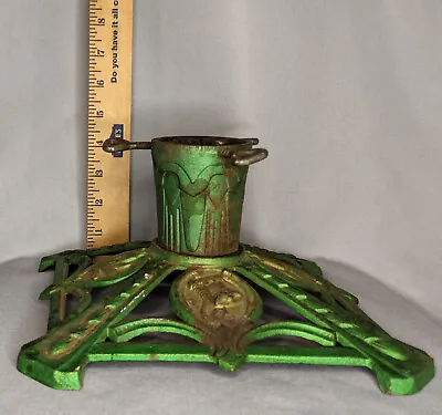 Vintage Cast Iron Green  Christmas Tree Stand Bell And Candle Motif German  • $50