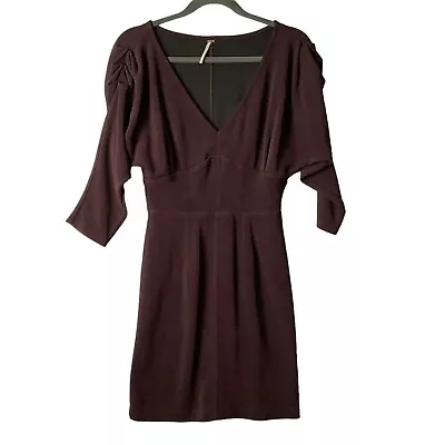 Free People Deep V-Neck Mini Dress Women XS Brown Ruched Sleeves Bodycon Autumn • $29.99