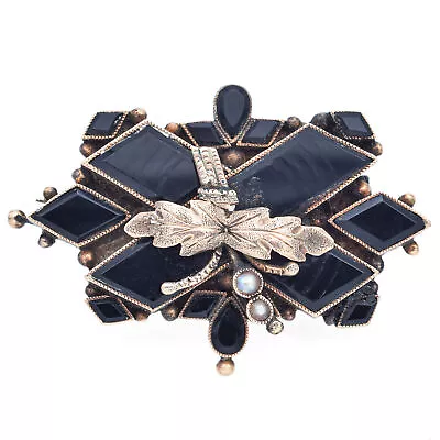 Antique 12K Yellow Gold Onyx & Seed Pearl Mourning Brooch Pin Pendant • $459