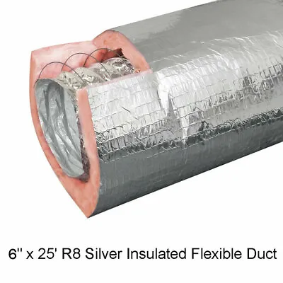 $103.13 • Buy 6-in X 25-Ft Insulated Flexible Round Flex Duct Tube R8 Heating/AC Vent Venting