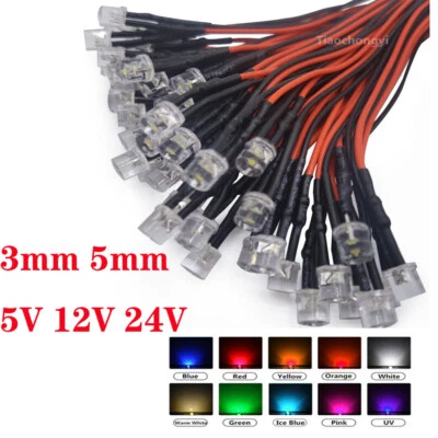 $3.20 • Buy 5V 12V 24V 20pcs 3mm/5mm LED Red RGB Pre-Wired Water Clear Light Emitting Diodes