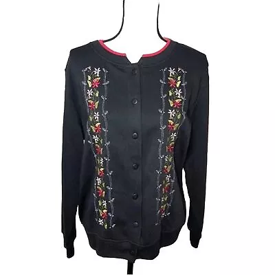 Cardigan Black Embroidered Size M Granny Core Ugly Christmas Sweater Jumper • £22.33