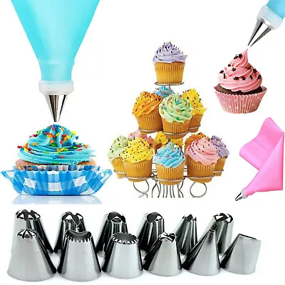 CAKE PIPING ICING 14Pcs CUPCAKE DECORATING COTTON BAG NOZZLE SET SUGARCRAFT CUP • £3.44