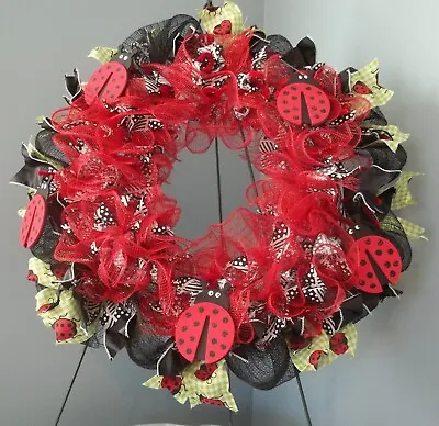 Spring Wreath Front Door Lady Bugs Deco Mesh Red Black Green Decor 20  • $25