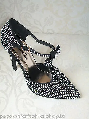 Size 2 2.5 3 4 Black Diamante T Bar Wedding Special Occasion Party Shoes Bag New • £28.99