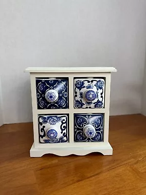 Tabletop Desktop Mini Chest Of 4 Blue And White Drawers  Wood & Ceramic • $26.45