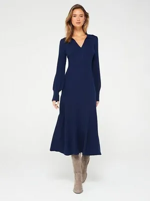 Fig & Basil Long Sleeve Cable Knitted Midi Navy Dress Size 16 • £24.99