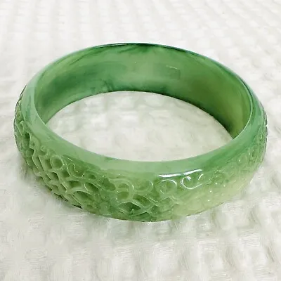 Beautiful Vintage Signed MFA Carved Faux Jade Plastic Bangle Bracelet  UU95 • $25