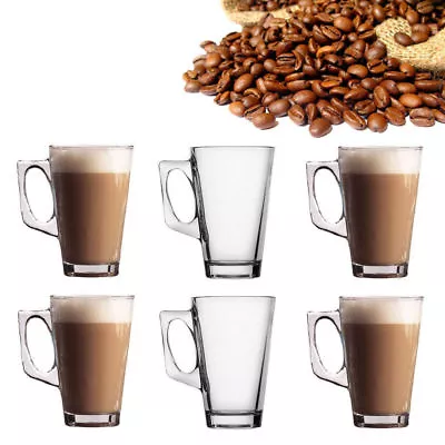 6 Latte Glasses Mugs 240ml + 6 Free Long Handle S/Steel Spoons Latte Coffee Tea • £9.95