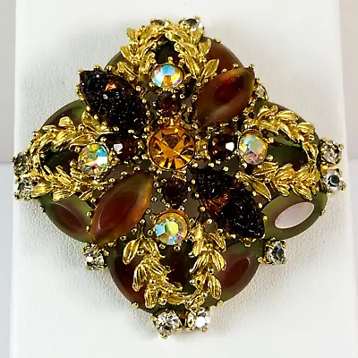 Vintage Maltese Cross Faux Amber Press Glass Rhinestone Gold Brooch Pin • $49.99