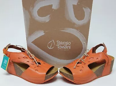 Sergio Tomani Patricia Sz EU 37 M (US 6.5-7) Women Leather Wedge Sandal Mandarin • $55.99