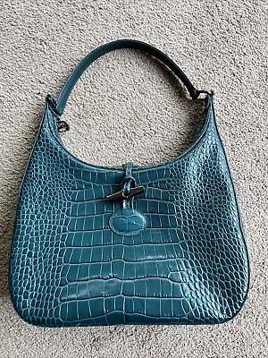 LONGCHAMP Turquoise Croc Embossed Leather Shoulder Bag Handbag Purse & Dust Bag • $80