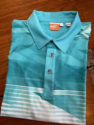 Puma Shirt Mens Large Teal White Striped Golf Short Sleeve Polo Shirt • $23.88