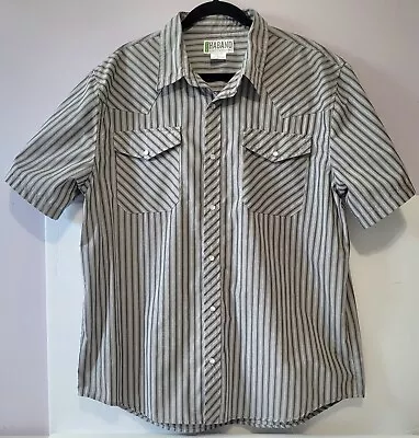 Gray Striped Haband Mens Short Sleeve L Shirt Pearl Snap Buttons Front Pockets • $12