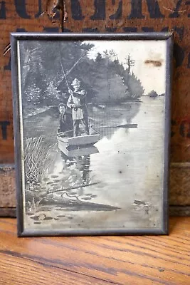 Antique Fishing Photo Print In Brass Picture Frame Outdoor Lake Row Boat Oars • $65