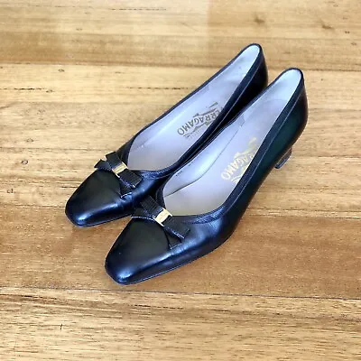 Salvatore Ferragamo Black Leather Pumps With Bow Size 9.5AA/39 EU • $199