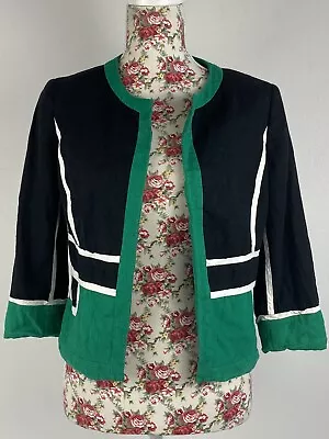 Queenspark Linen Jacket Size 8 Puffy Green Black Long Sleeve Office Party Rayon • $21.95