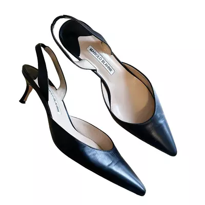 Manolo Blahnik Carolyne 60 Black Leather Pointed Toe Slingback Pump 39.5 8/8/.5 • $349