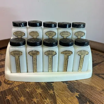 Vintage 10 Pc Griffiths Spice Set Milk Glass Black Lids With Original Stand • $80