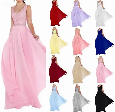 £51.59 • Buy V-Neck Chiffon Lace Wedding Formal Ball Gown Long Bridesmaid Party Prom Dress UK