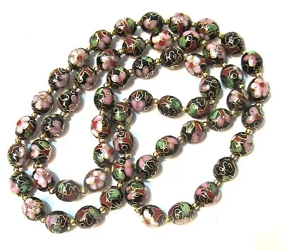 Vintage Cloisonne Necklace Black Bead Pink Flower 27  Floral Gold Spacers • $28