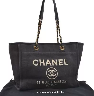 Authentic CHANEL Deauville Line CC Chain Shoulder Tote Bag Canvas Navy 1171J • $2481.44