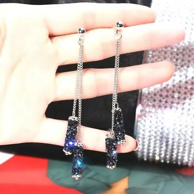£3.39 • Buy Long Drop Dangle Blue Silver Black Earrings Very Sparkling Diamante Rhinestone